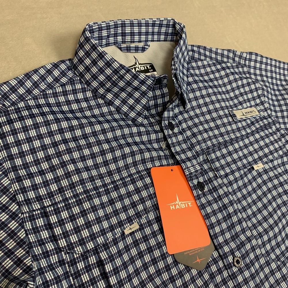 NWT Habit River Shirt Mens Small Blue Plaid Short Sleeve Vented Fishing UPF 40+